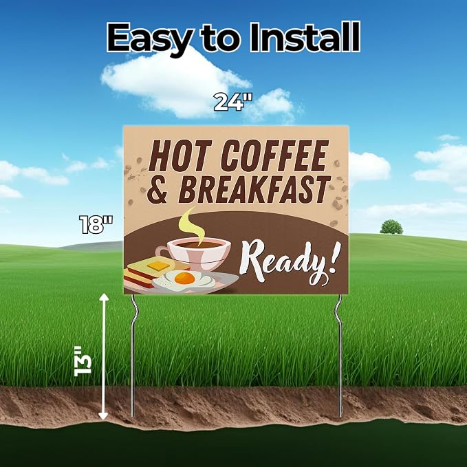 Hot Coffee & Breakfast Ready! Yard Sign by DC | 24"x18" Double Sided Conv. Store Garden Sign with 13” Metal Stakes | Outdoor Signs Waterproof for Lawn, Patio, Sidewalk & House | Set of 5 | Made in USA