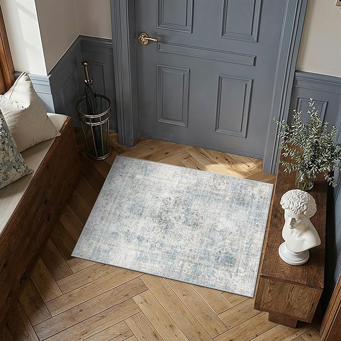 2x3 Blue Vintage Area Rug | Washable, Non Slip, Soft Low Pile, Neutral Farmhouse, for Entryway Kitchen Bathroom Living Room Bedroom Indoor Home Decor