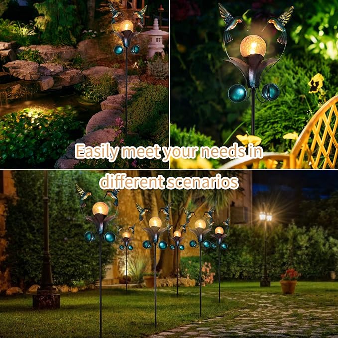 Decorative Solar Outdoor Light, Hummingbird Glass Globe Stake For Lawn Yard | Solar Hummingbird Lights With Wind Spinner Design, Crackle Glass Globe, Auto On/Off For Garden, Lawn, Yard