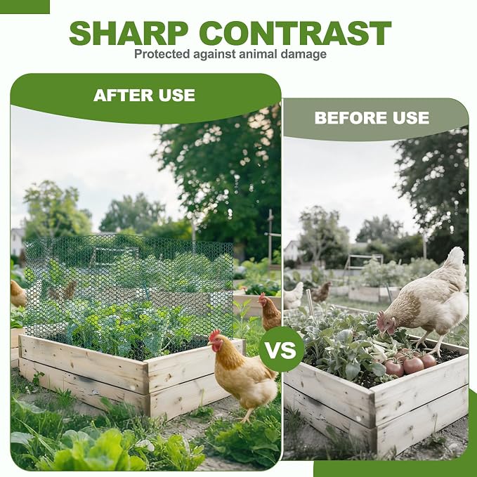 All-in-One 400 Inch Plant Protectors from Animals Kit - 0.85mm Heavy Duty Chicken Wire Cloche,Free-Cut Wire Mesh Roll Includes Pliers, Gloves, Ties, Stakes for Custom Outdoor Cages (12 * 400 Inch)