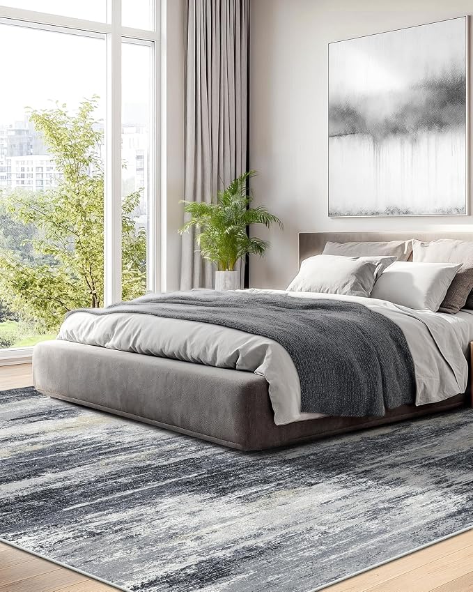 AMADA HOMEFURNISHING 8x10 Area Rug for Living Room, Modern Abstract Rug with Non-Slip Backing & Low Pile, Large Washable Rug with Abstract Pattern for Bedroom, Dinning Room, Home Office, Light Grey