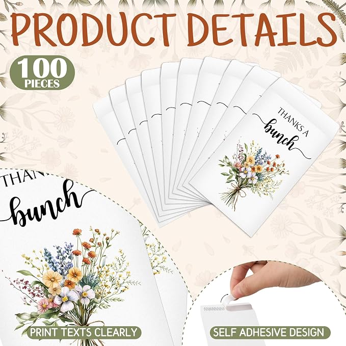 Fumete 100 Pcs Thank You Seed Packets Wedding Favor Wildflower Seed Envelopes Thanks a Bunch Party Favors Self Adhesive Seeds Storage Packets Envelopes for Appreciation Gifts Wedding, No Seeds