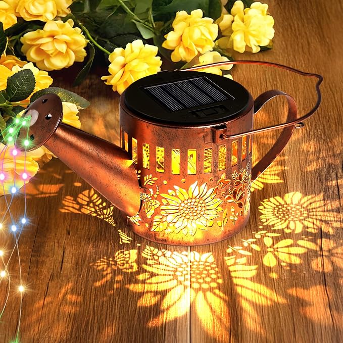 2 Pack Solar Watering Can Lights, Metal Solar Lights Outdoor Decorative with Dog Silhouette Stake, Waterproof Hanging Lantern Garden Decor Light for Outside, Patio, Yard, Birthday Gifts, Multicolor