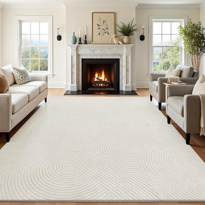 U'Artlines 8x10ft Washable Area Rug for Living Room, Beige | Minimalist Modern, Soft Fluffy, Non Slip High-Low Pile Rug for Bedroom, Carpet for Dining Area, Kids Nursery Room