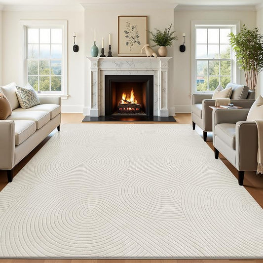 U'Artlines 8x10ft Washable Area Rug for Living Room, Beige | Minimalist Modern, Soft Fluffy, Non Slip High-Low Pile Rug for Bedroom, Carpet for Dining Area, Kids Nursery Room