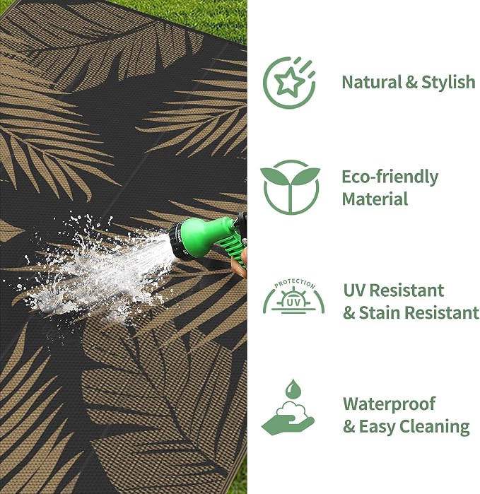 GENIMO Outdoor Rug 10' x 10' Waterproof for Patios Clearance, Reversible Outdoor Plastic Straw Camping Rug Carpet, Large Area Rugs Mats for RV, Camper, Deck, Balcony, Porch, Beach, Picnic, Black&Brown