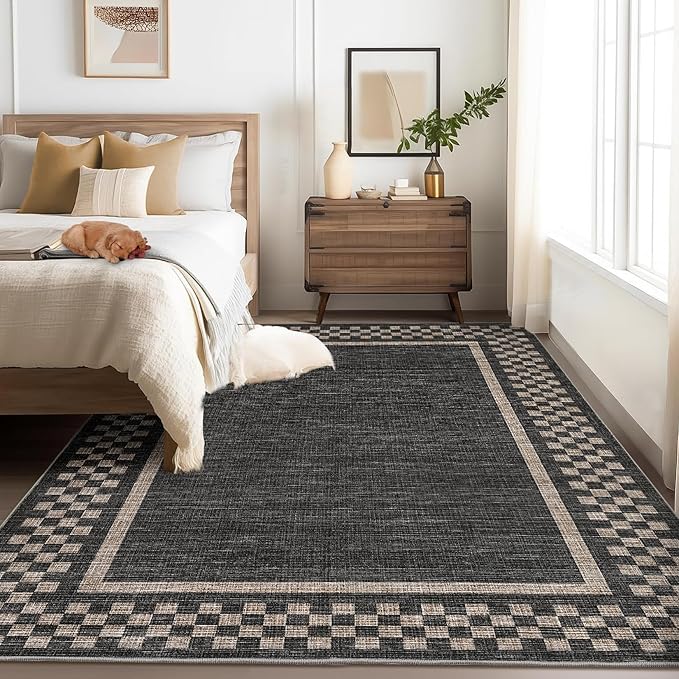 GarveeHome 4x6 Rug Small Washable Living Room Rug Modern Bordered Area Rugs | with Rubber Backing Soft Non Slip Low Pile Dining Room Throw Carpet Checkered Geometric Mats for Bedroom Kitchen, Black