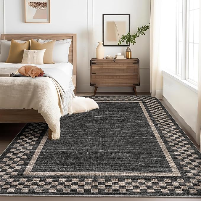 GarveeHome Small Bedroom Area Rug 3x5 Checkered Area Rug for Living Room | Nursery Non Slip Kitchen Throw Carpet Low Pile Modern Bordered Rugs Washable Black Rugs for Laundry Entryway, Black