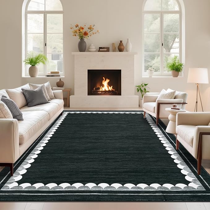 COZYLOOM Washable Rugs 9x12 Area Rug for Living Room, Non Slip Non Shedding Modern Solid Rug Stain Resistant Low Pile Minimalist Carpet Foldable Thin Mats for Bedroom, Dining Room, Nursery, Black