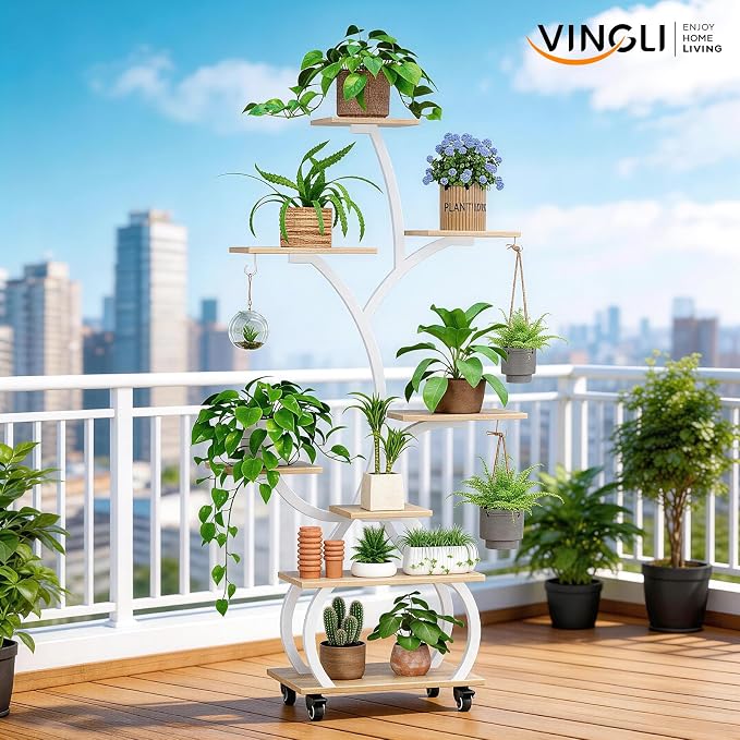 VINGLI Plant Stand Indoor 2-Pack, 48" Small Space Indoor Plant Shelf with Full Spectrum Grow Lights, Mobile 8-Tier Tree-Shaped Display Rack Set of 2, for Living Room, Balcony & Office, White and Oak