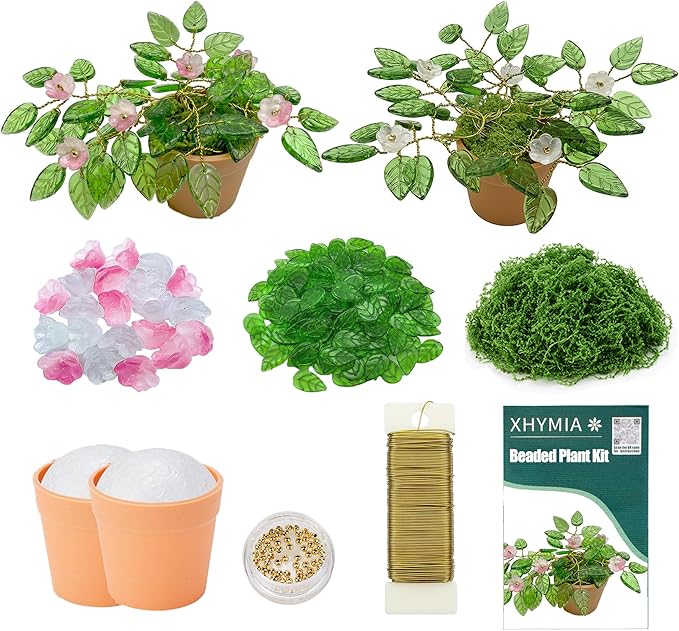 XHYMIA Beaded Plant Kit Green Glass Leaf Beads, Flower Glass Beads Mini Forever Plant Making and DIY Crafts with Video Tutorials