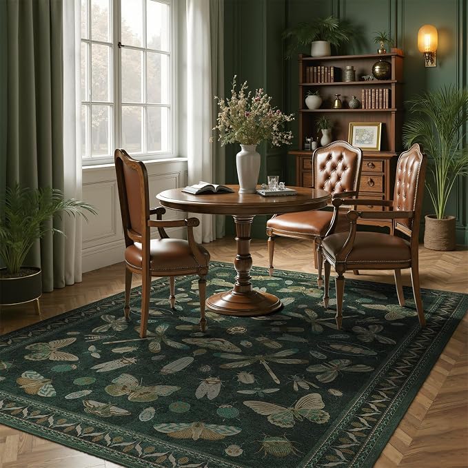 DCX 4x6 Washable Bug Rug for Living Room, Soft Low Pile Rug, Dark Green | Easy to clean, non-shedding, soft, kid & pet friendly, with a non-slip rubber backing for bedrooms, and nature-themed decor