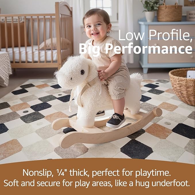 jinchan 4x6 Checkered Area Rug Washable Classroom Kids Rug Marble | Soft, Non-Slip, Kid-Friendly, Preschool Rug, Diamond Design, Play Mat, Black White on Cream, Playroom, Nursery, Bedroom, Dorm
