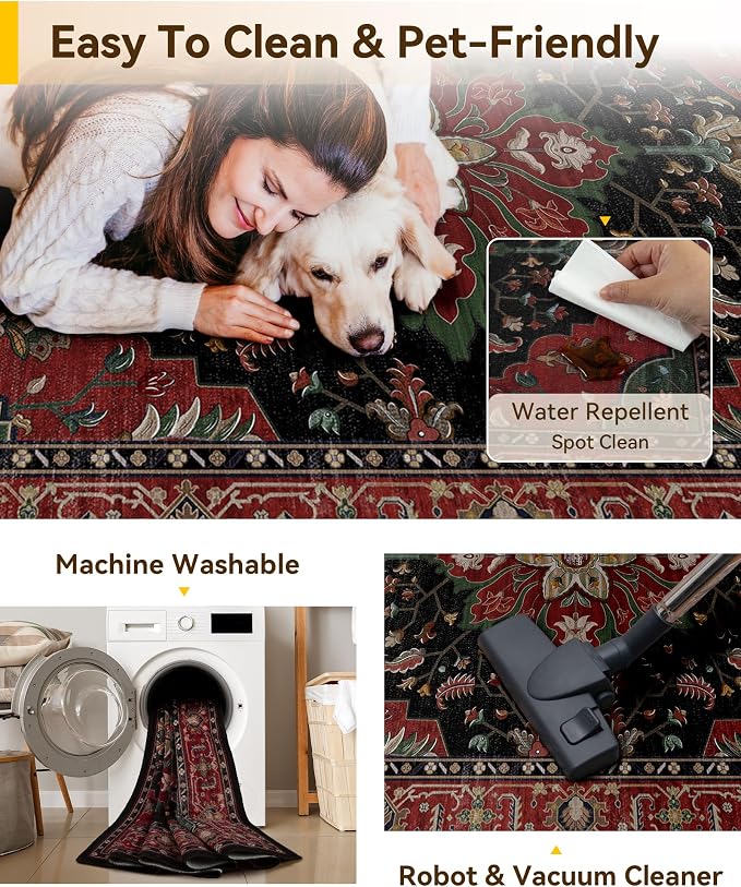 RELEANY Washable Area Rug, 8'x10', Red/Black | Non-Slip, Water Repellent, Pet Friendly, Easy to Clean, Vintage Floral Boho Decor for Living Room Bedroom Dining Room