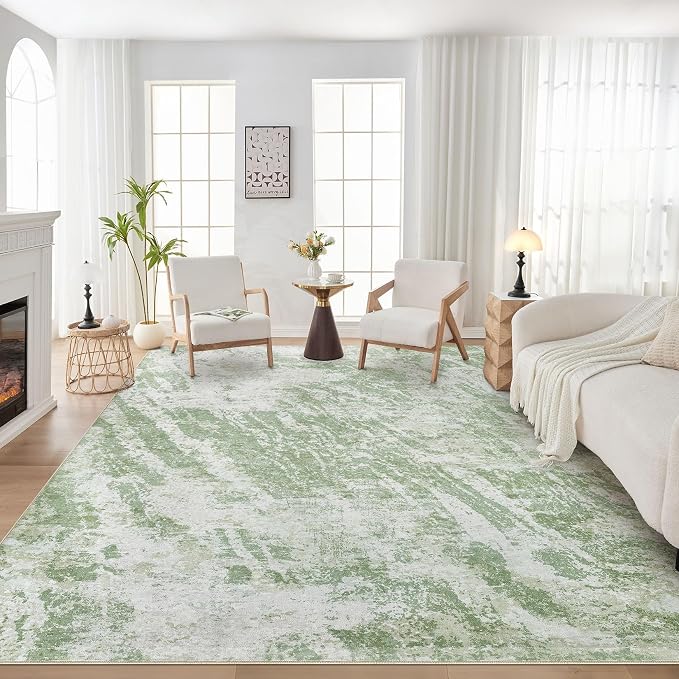 DMOYEST 8x11 Area Rug for Living Room Washable Abstract Indoor Carpet | Neutral Modern Low Pile Rugs Kid & Pet Friendly Large Soft Thin Carpet for Bedroom Dining Room and Office - Light Green