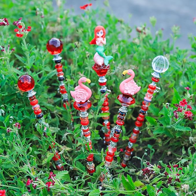AIPRIDY DIY Crystal Beaded Fairy Wand Garden Stakes Kit, Colorful Decorative Wands with Assembly Guide, 12 or 10 Inch Threaded Rods,Outdoor Garden Decoration Set (158, Red+Hybrid Top)