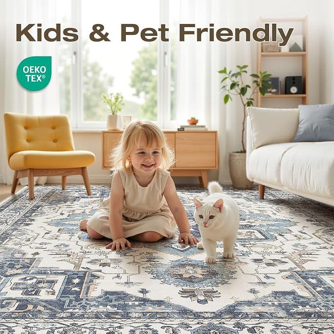 Vintage Washable 9x12 Area Rug for Living Room, Vintage Blue | Soft Low Pile Rug with Non-Slip Backing, Stain Resistant for Bedroom or Dining Room, Kid & Pet Friendly