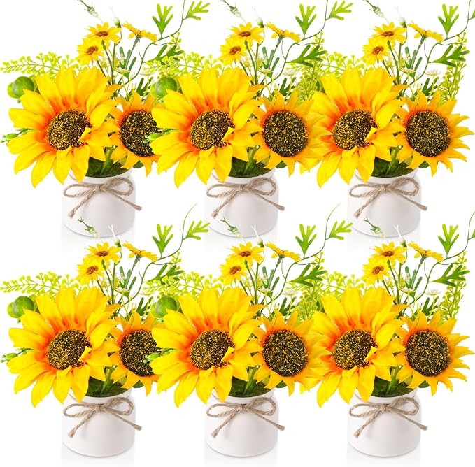 Zeyune 6 Pcs Sunflower Potted Plants Rustic Summer Spring Kitchen Wedding Table Centerpieces Silk Yellow Fake Flower with Plastic Pot for Home Bathroom Office (White,Sunflower)