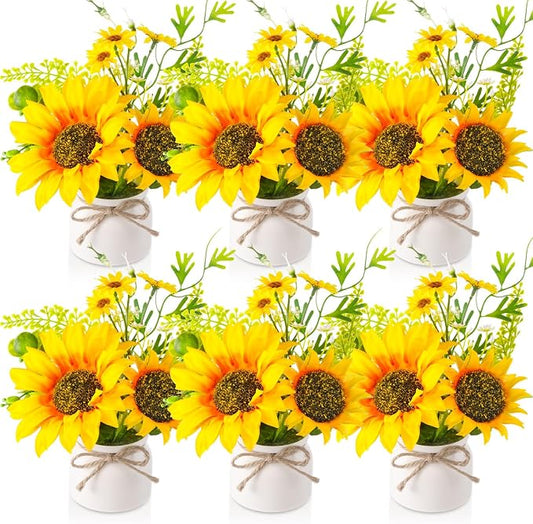 Zeyune 6 Pcs Sunflower Potted Plants Rustic Summer Spring Kitchen Wedding Table Centerpieces Silk Yellow Fake Flower with Plastic Pot for Home Bathroom Office (White,Sunflower)