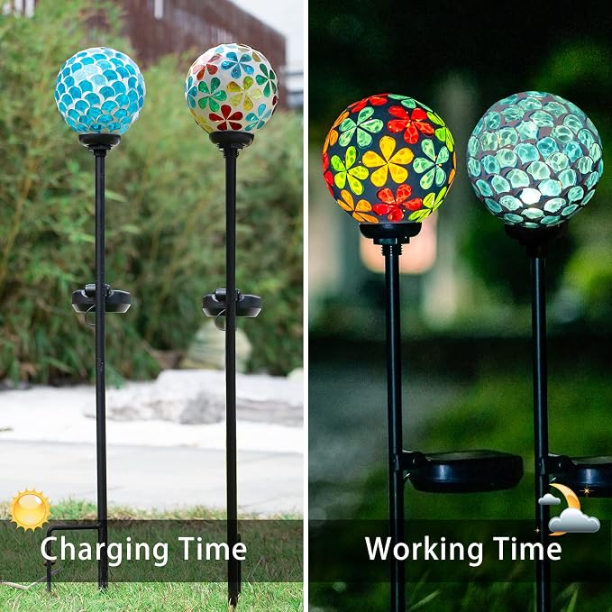 VCUTEKA Decorative Solar Garden Lights, 3.5" Mosaic Globe Stake 2 Pack | Mosaic Glass Design, Solar LED Light, Weather Resistant, Auto On/Off and Metal Stake Design for Lawn and Patio