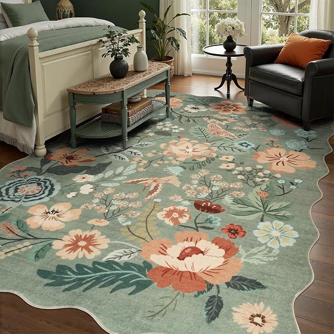 DCX Vintage Floral Washable Area Rug 8x10, Non Slip Low Pile Rug, Sage Green