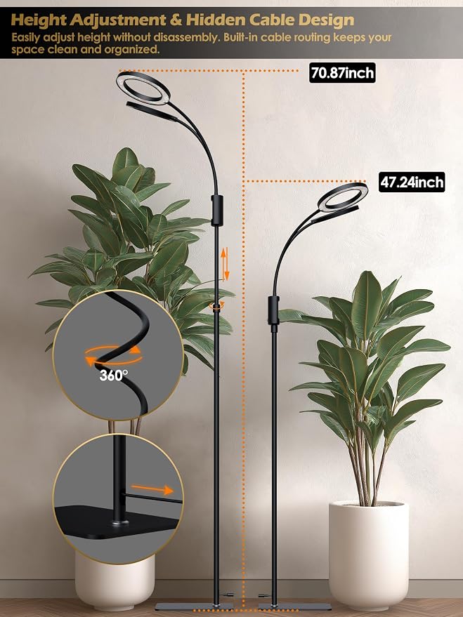 Smart Grow Lights for Indoor Plants, Plant Light with Auto-Timer, Full Spectrum LED Grow Light, Adjustable Height & Stepless Dimming,Plant Assistant Suitable for Most Plants (Black, Dual Heads)