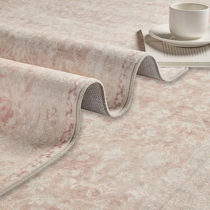 Latte&Fog Pink Rugs for Girls Bedroom Washable 6x9 Area Rug for Living Room | for Dining Kitchen Kids Nursery Playroom Guest Room Classroom Dorm Farmhouse Office, Non Slip Low Pile Soft Floral Carpets