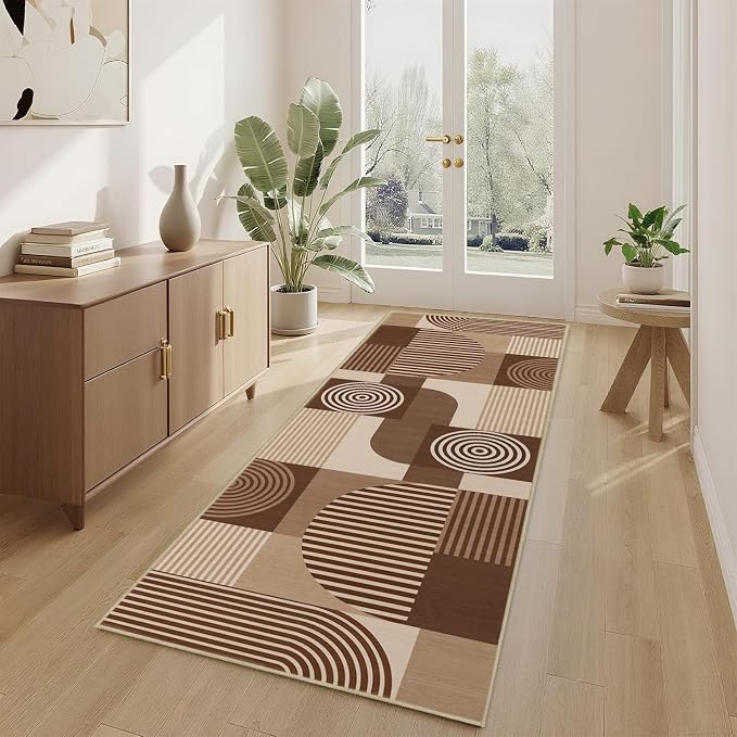 Brown Geometric 2x6 Runner Rug for Hallway Kitchen Bedroom Machine Washable Mid Century Modern Rug Non Slip Low Pile Minimalist Runner Rugs Long Floor Mat Carpet for Bathroom Laundry,Brown