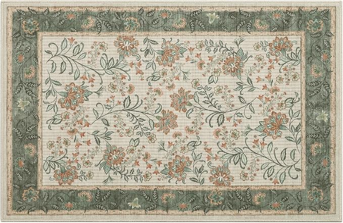 GarveeHome Small Sage Green Entryway Rug, 2x3 Washable Front Door Rug Indoor Entrance French Floral Carpet Non-Slip Beige Throw Rugs for Kitchen, Powder Room, Entry, Bathroom, Kids Room