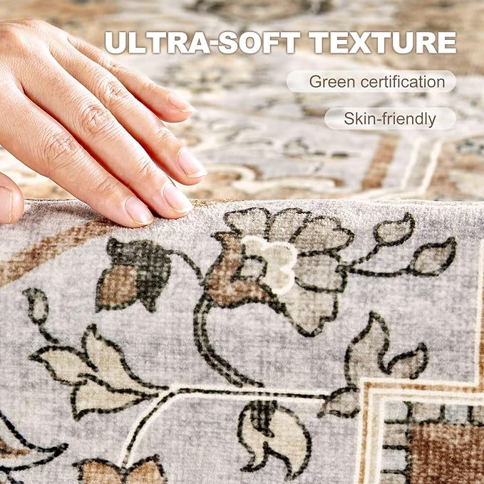 5x7 Washable Area Rug: Vintage Neutral Soft Non Slip Thin Large Floor Carpet for Living Room Bedroom Kitchen Dining Room Home Office Farmhouse Indoor - Grey Brown