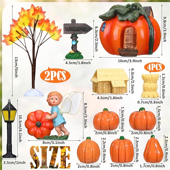 Pinkunn 16 Pcs Fall Miniature Fairy Garden Accessories Set Pumpkin Figurines House Straw Bales Welcome Sign Maple Trees for Autumn Harvest Thanksgiving Halloween Decor for Terrarium Dollhouse