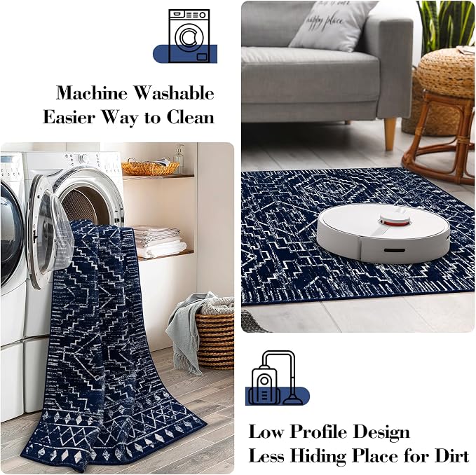 Wonnitar Moroccan Washable 9x12 Rug, Large Blue Rugs for Bedroom, Non-Slip Soft Living Room Area Rug, Boho Non-Shedding Ultra-Thin Floor Carpet for Dining Guest Room Home Office (Blue,9'x12')