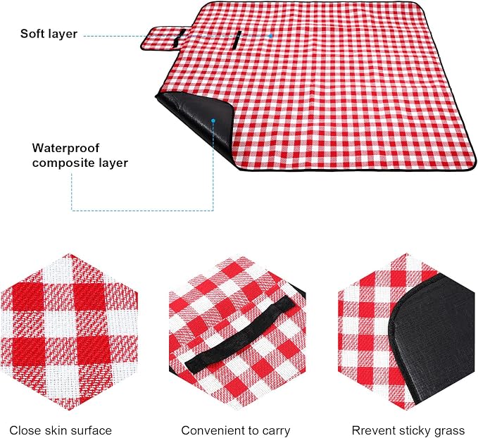 Patelai Wicker Picnic Basket Natural Hand Woven Basket with Double Folding Handles, Willow Hamper Baskets with Blanket for Outdoor Picnic Summer Spring Camp Family(Red and White Grid)