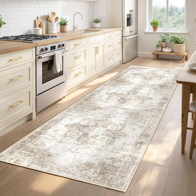 Runner Rug 2x8 Washable Rug, Vintage Boho Medallion Hallway Runner Non-Slip Soft Low Pile Distressed Floor Carpet Retro Doormat for Kitchen Bedroom Laundry Entryway Bathroom (Taupe, 2'x8')