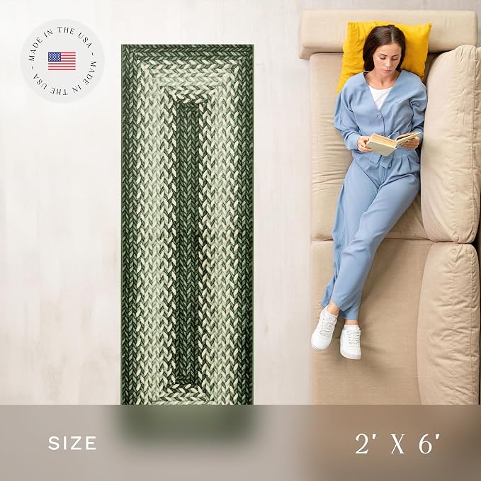Maples Rugs Marion Bohemian Braided-Style Print Runner Rug – Made in USA – Washable, Non-Slip Indoor Runner for Hallway, Kitchen, and Laundry Room, 2' x 6', Green