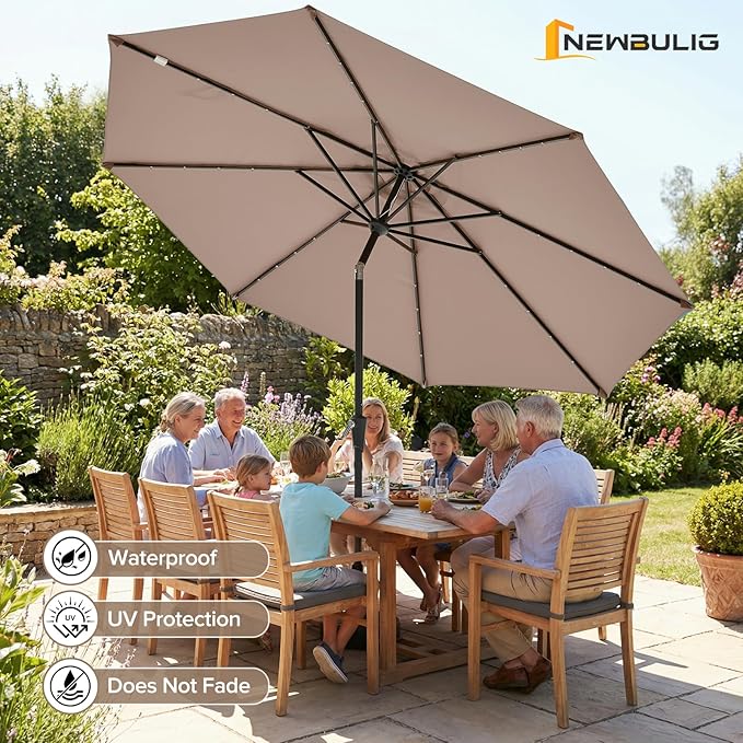 NEWBULIG 10ft Solar Patio Umbrella with 32 LED Lights, Table Market Umbrella with Tilt Adjustment & Crank Lift, Outdoor Sun Umbrella for Garden, Deck, Backyard, Pool and Beach