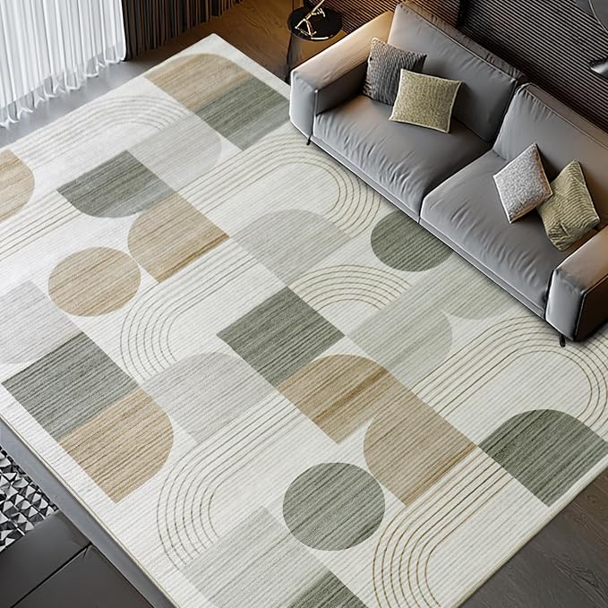 Soft Modern Geometric Abstract Machine Washable Large 9x12 Area Rug | Beige Rugs for Bedroom Living Room, Non-Shedding Faux Wool Indoor Throw Floor Carpet for Office Entryway Dining Room Decor