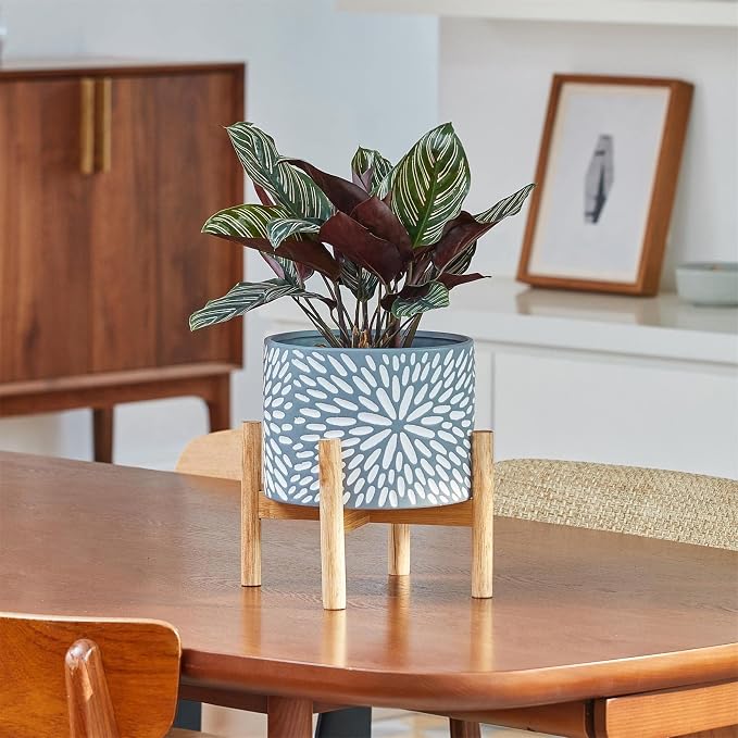 LA JOLIE MUSE Ceramic Planter with Wood Stand - 8 Inch Unique Modern Flower Pots Indoor with Wood Planter Holder and Drainage, Frost Gray