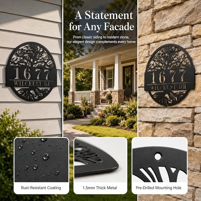 Custom Tree of Life Address Sign, Personalized Metal House Numbers for Outside, Custom Family Name Plate, Weatherproof Wall Decor for Home, Porch, Garden, Yard