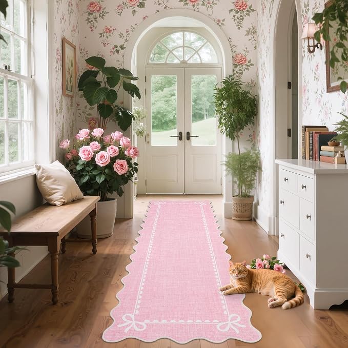 GarveeHome Scalloped Hallway Runner Rug 2x6 Non Slip Bedroom Rugs, Pink | Washable Bow Rug for Girls Dorm Nursery Living Room Entyrway Kitchen, Soft Low Pile Ultra-Thin Stain Resistant Indoor Carpet
