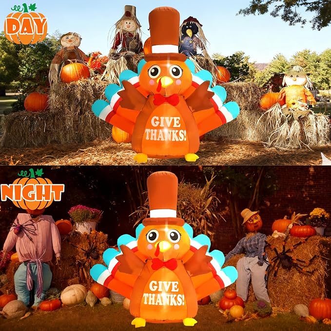 6FT Thanksgiving Inflatable Outdoor Decoration Turkey Inflatable Patio Decoration with Built-in LED Lights, Suitable for Thanksgiving Holiday Party, Patio, Lawn, Garden Winter Decoration