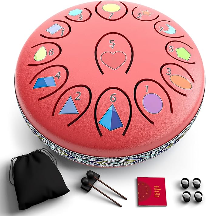 REGIS Rain Drum for Outside Garden, 6.8 Inches 13 Notes Steel Tongue Drum, Waterproof Meditation Rain Chime, UV-Printed Notes & Geometric Design, with Bag, Mallets & Music Book(red)