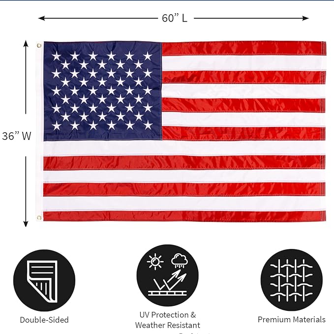 Evergreen Flag American Flag 3'x5' Estate Size with 2 Grommets | Heavy Duty Outdoor Flag | Embroidered Stars and Stripes and Quadruple Stitched Edge | USA Residential or Commercial