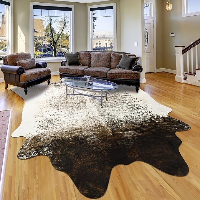 6x7 Cowhide Rug, Washable Faux Brown and White Hide Area Rugs for Living Room, Vintage Cabin Spotted Animal Skin Print Carpet for Under Couch Bedroom, Synthetic Cowskin Leather Decor