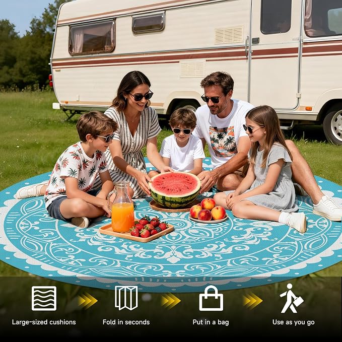 Pauwer Waterproof Outdoor Rug 8ft, Reversible Plastic Straw Patio Camping Rug, Indoor Outdoor RV Mat Carpet for Deck, Camper, Porch, Balcony, Backyard, Picnic, Paisley Teal