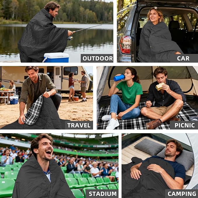 Large Waterproof Outdoor Blanket Thick Fleece 80" x 58" | Windproof Stadium Blanket, Wearable Poncho, Machine Washable for Camping, Car, Pet, Picnics - Black Check