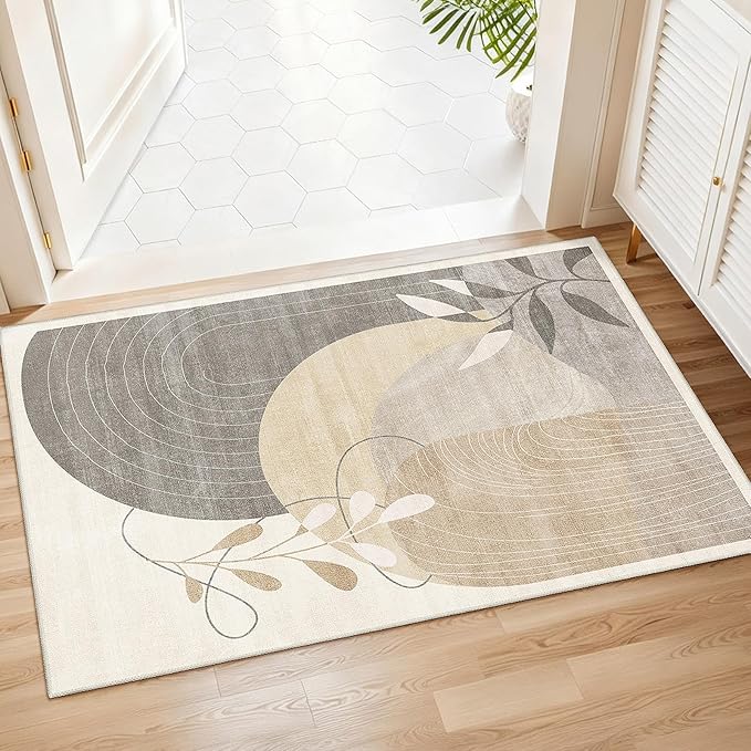 2x3 Washable Rug Small Area Rugs Non Slip Mid Century Modern | Throw Carpet for Bathroom Entryway Kitchen Bedroom Floor Indoor Boho Abstract Retro Geometric Neutral Beige
