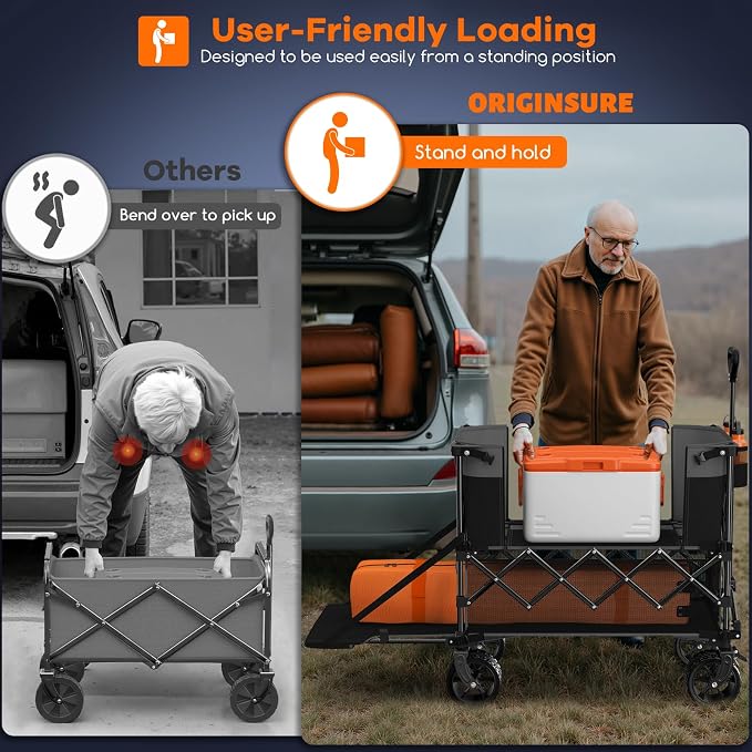 Originsure 400L Double Decker Wagon Collapsible with 54" L Tailgate, 560lbs Heavy Duty Carts Foldable, Extra Large Folding Beach Wagon with Big All-Terrain Wheels for Camping, Sports, Grey&Black