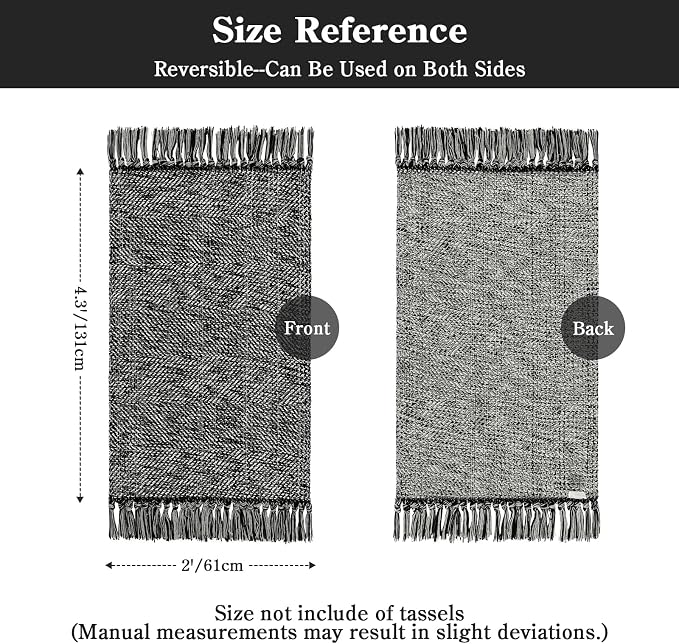 2' x 4.3' Kitchen Runner Rugs, Modern Boho Washable Bathroom Mat | Hand-Woven Farmhouse Entryway Rug, Braided Soft Bedroom Mat, Black Reversible Front Door Mats for Laundry Bedside Porch