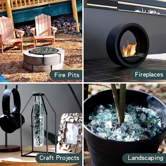 Onlyfire 10 lbs Fire Glass Rocks 1/4 Inch, Reflective Tempered Glass for Propane Fire Pit & Gas Fireplace, High Luster Firepit Glass Stones for Fire Table, Onyx Black+Platinum+ Light Green